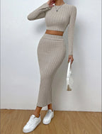 Ribbed Knit Crop Top & Midi Skirt Set - TEVQA