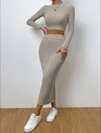 Ribbed Knit Crop Top & Midi Skirt Set - TEVQA