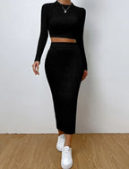 Ribbed Knit Crop Top & Midi Skirt Set - TEVQA
