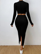 Ribbed Knit Crop Top & Midi Skirt Set - TEVQA