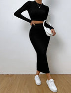 Ribbed Knit Crop Top & Midi Skirt Set - TEVQA