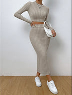 Ribbed Knit Crop Top & Midi Skirt Set - TEVQA