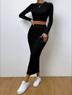 Ribbed Knit Crop Top & Midi Skirt Set - TEVQA