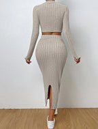 Ribbed Knit Crop Top & Midi Skirt Set - TEVQA