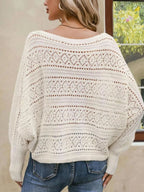 Back view of a white open-knit sweater with bell sleeves and a relaxed fit.