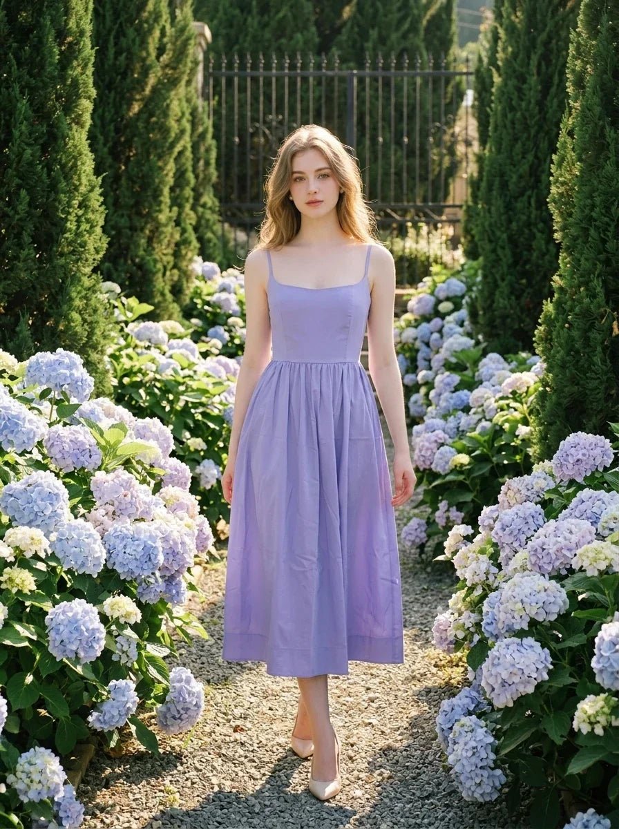 Woman wearing a purple midi dress with spaghetti straps and a square neckline, walking through a garden with hydrangeas.