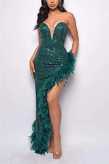 Sequin Feather Trimmed Dress - Tevqa