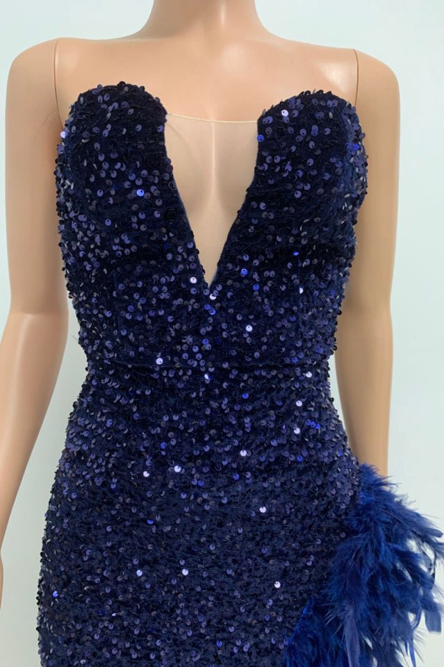 Sequin Feather Trimmed Dress - Tevqa
