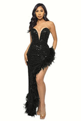 Sequin Feather Trimmed Dress - Tevqa