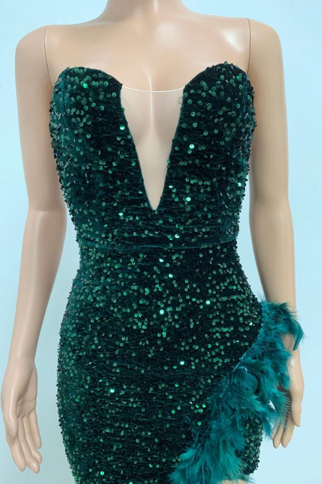 Sequin Feather Trimmed Dress - Tevqa