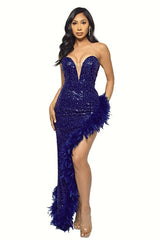 Sequin Feather Trimmed Dress - Tevqa