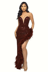 Sequin Feather Trimmed Dress - Tevqa