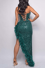 Sequin Feather Trimmed Dress - Tevqa
