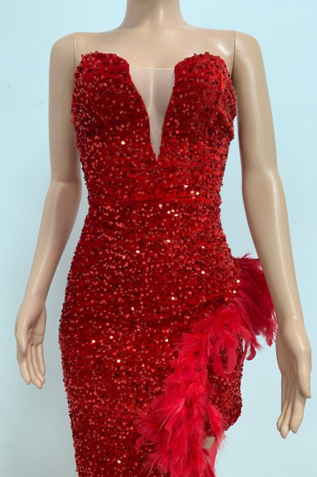 Sequin Feather Trimmed Dress - Tevqa