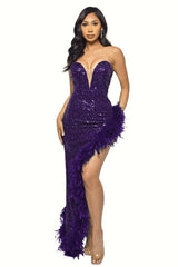 Sequin Feather Trimmed Dress - Tevqa
