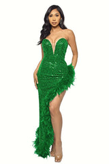 Sequin Feather Trimmed Dress - Tevqa