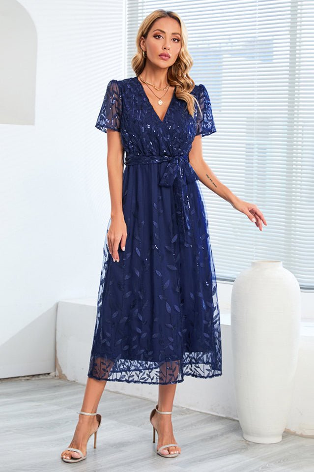 Sequin Leaf Embroidery Tie Front Dress - Tevqa
