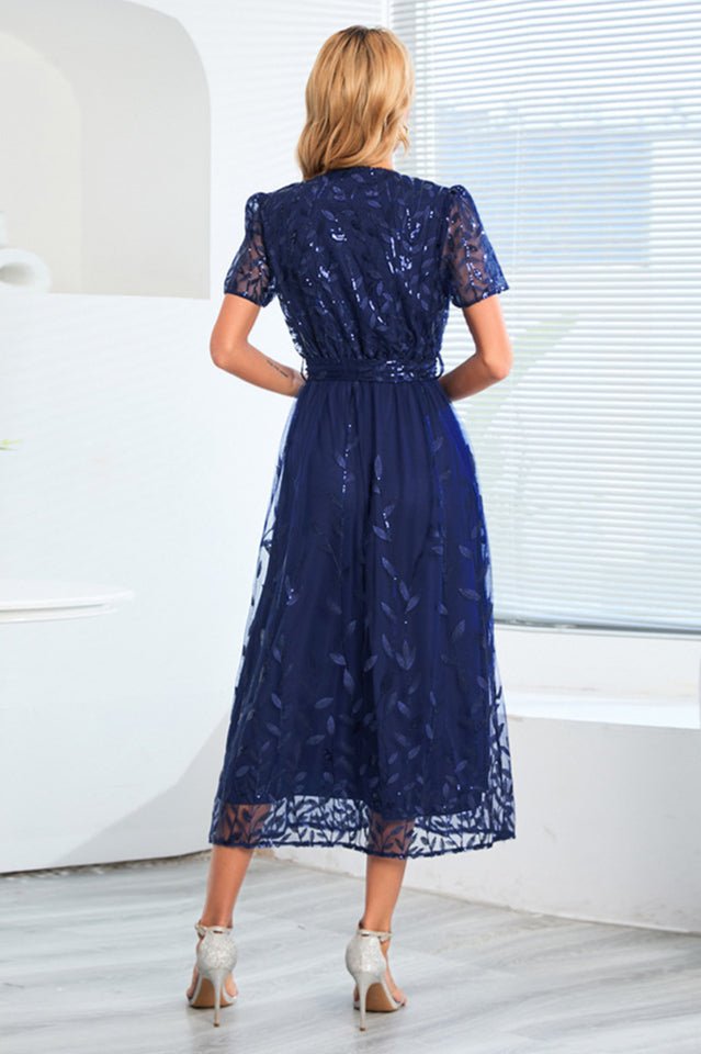 Sequin Leaf Embroidery Tie Front Dress - Tevqa