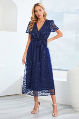 Sequin Leaf Embroidery Tie Front Dress - Tevqa
