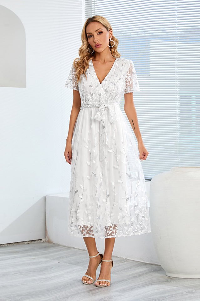 Sequin Leaf Embroidery Tie Front Dress - Tevqa