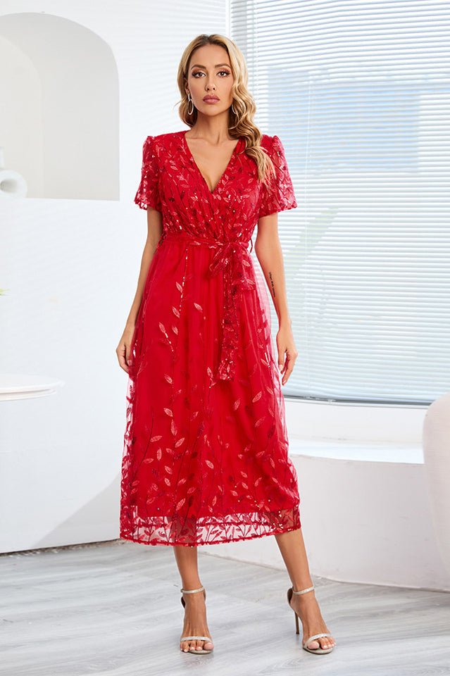 Sequin Leaf Embroidery Tie Front Dress - Tevqa