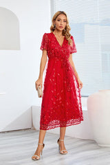 Sequin Leaf Embroidery Tie Front Dress - Tevqa