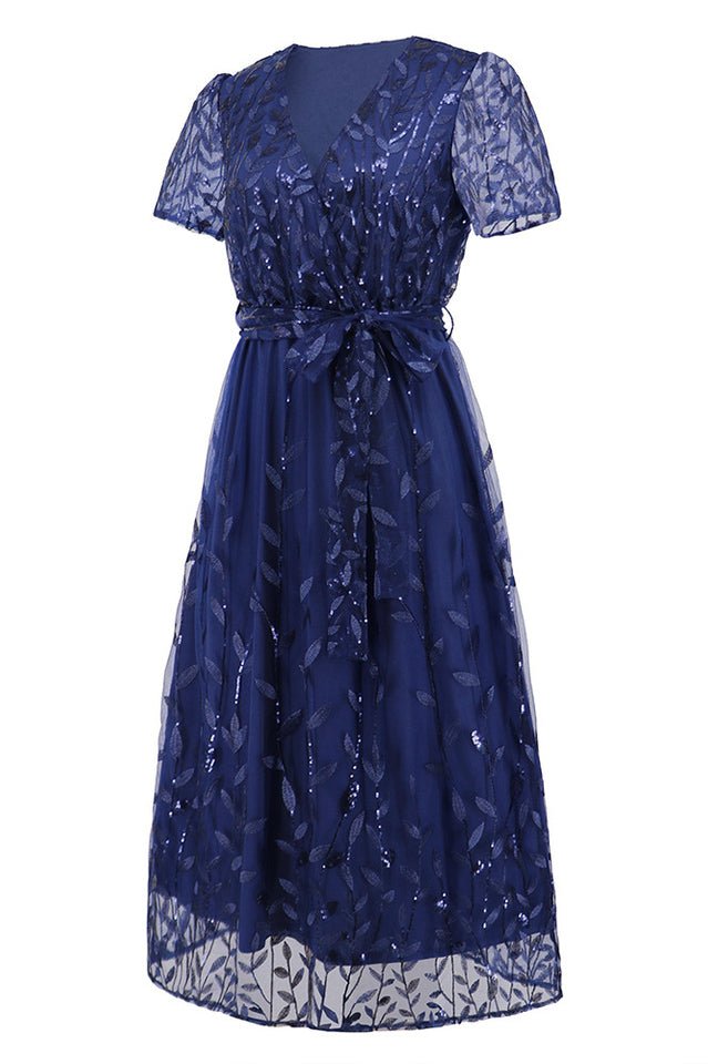 Sequin Leaf Embroidery Tie Front Dress - Tevqa