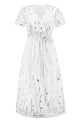 Sequin Leaf Embroidery Tie Front Dress - Tevqa