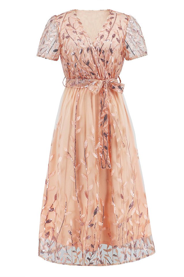 Sequin Leaf Embroidery Tie Front Dress - Tevqa