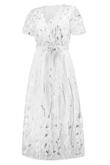 Sequin Leaf Embroidery Tie Front Dress - Tevqa