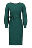 Product shot of a long-sleeved green pleated midi dress with a tie waist.