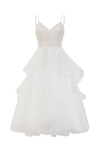 White tiered tulle evening dress with lace bodice - front view