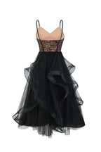 Black tiered tulle evening dress with lace bodice - back view