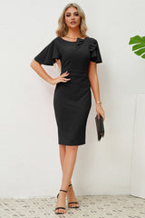 Slit Round Neck Flutter Sleeve Dress - Tevqa