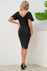Slit Round Neck Flutter Sleeve Dress - Tevqa