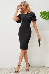 Slit Round Neck Flutter Sleeve Dress - Tevqa