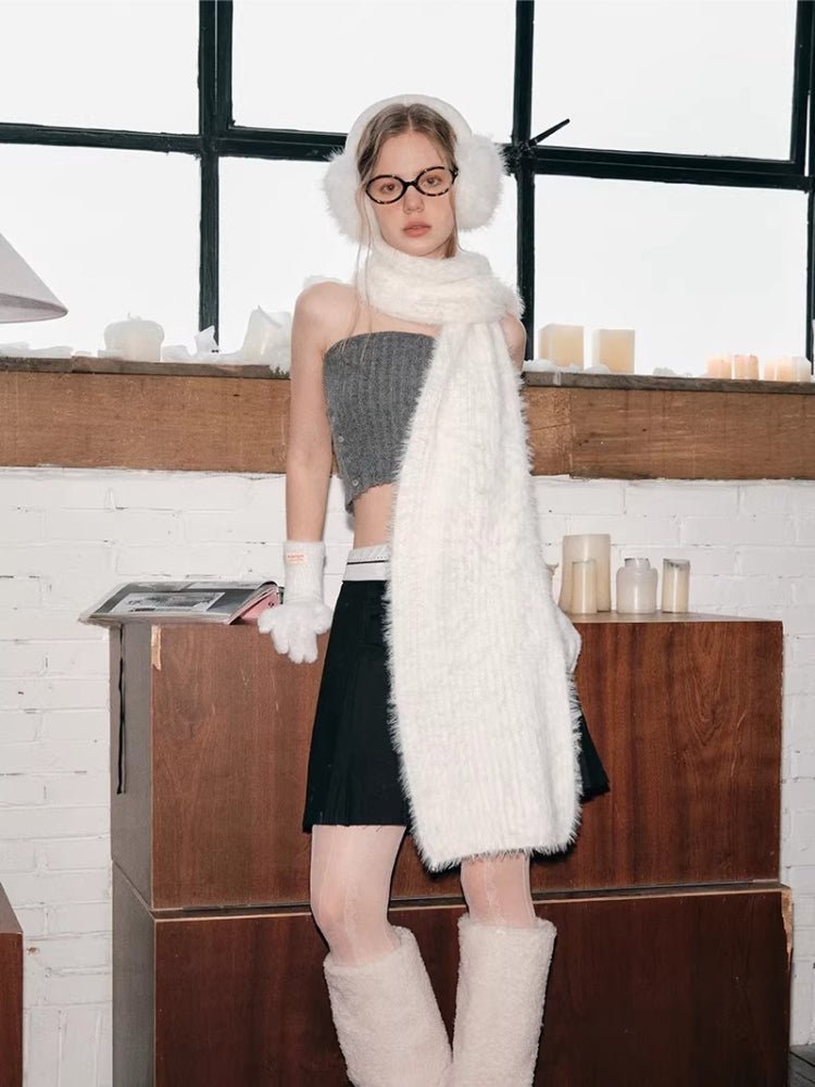 Long white fuzzy knit scarf with tassels - View 6 | TEVQA