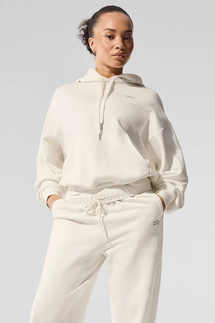 Soft color oversized cropped hoodie with kangaroo pocket and drawstring hood - View 7 | TEVQA
