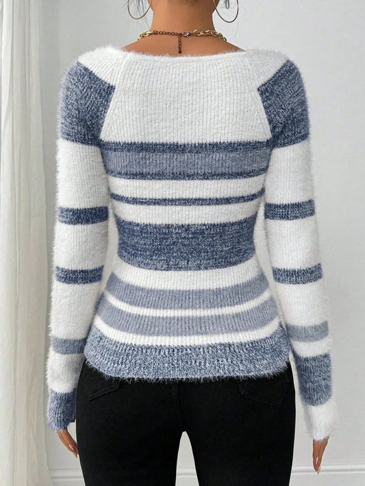 Soft Faux Mink Square Neck Striped Sweater - TEVQA