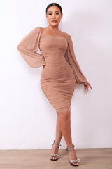 Square Neck Ruched Mesh Dress - Tevqa