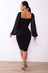 Square Neck Ruched Mesh Dress - Tevqa