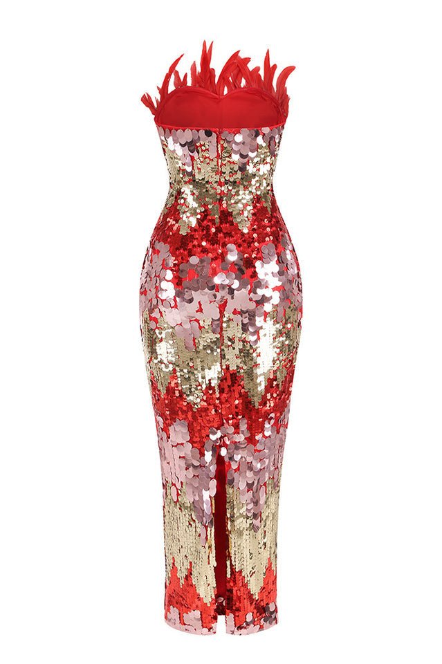 Strapless Feather Sequin Midi Dress - Tevqa
