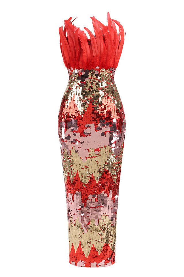 Strapless Feather Sequin Midi Dress - Tevqa