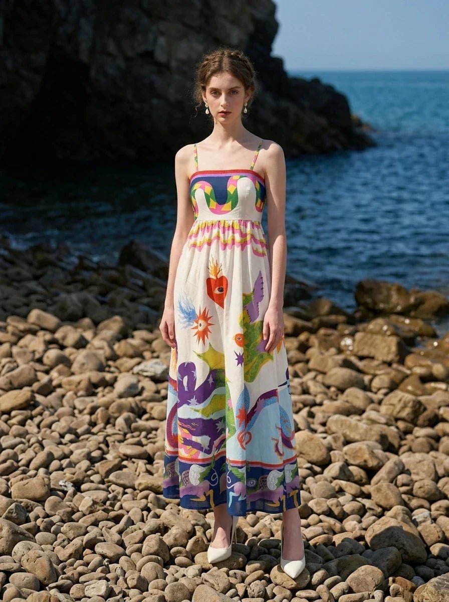 Woman wearing a white sleeveless maxi dress with a colorful graphic print and spaghetti straps, standing on a rocky beach