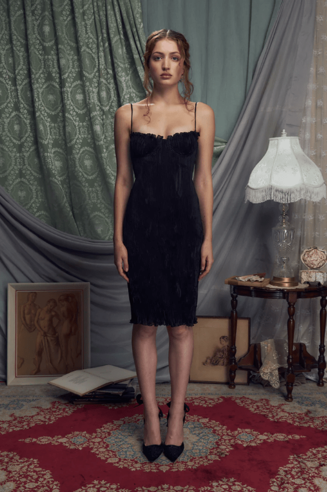 The Black Iris Pleated Midi Dress - Tevqa