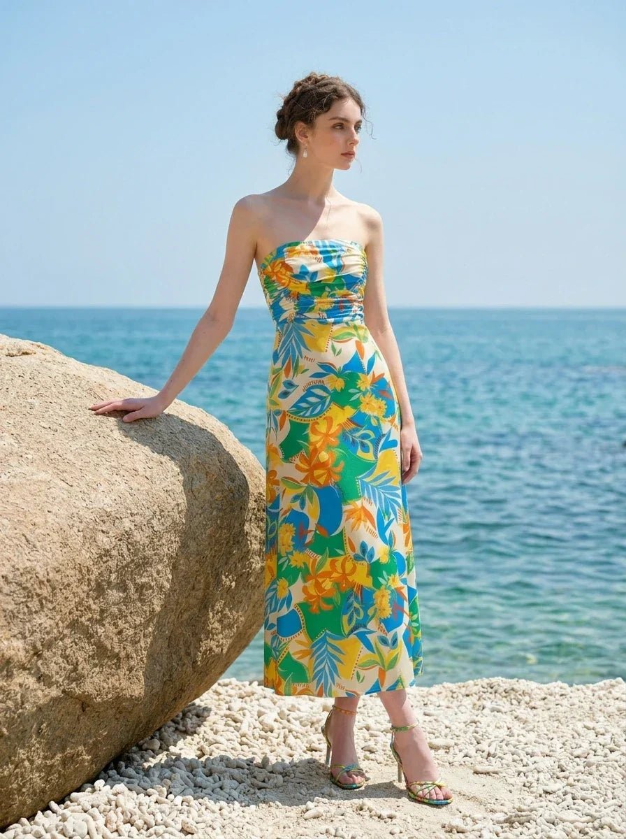 Tropical Strapless Back Cut Out Midi Dress - TEVQA