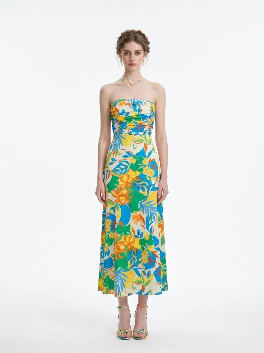 Tropical Strapless Back Cut Out Midi Dress - TEVQA