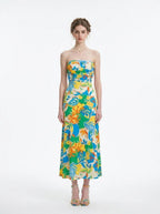 Tropical Strapless Back Cut Out Midi Dress - TEVQA