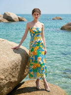 Tropical Strapless Back Cut Out Midi Dress - TEVQA