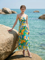 Tropical Strapless Back Cut Out Midi Dress - TEVQA